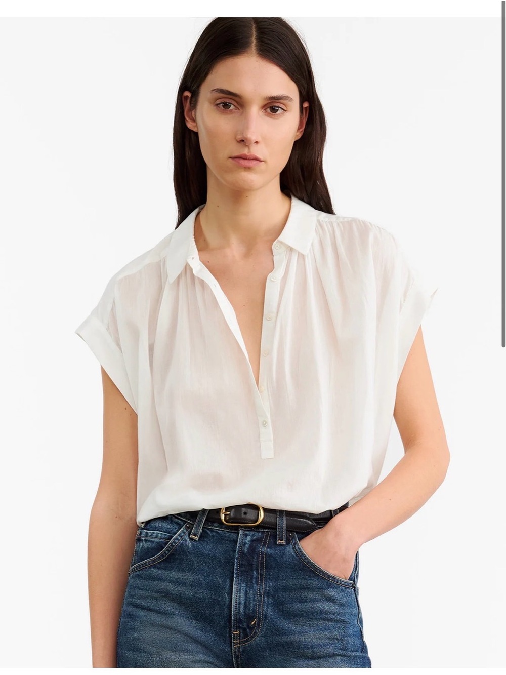 Nili Lotan Normand White Short-Sleeve Split-Neck Blouse